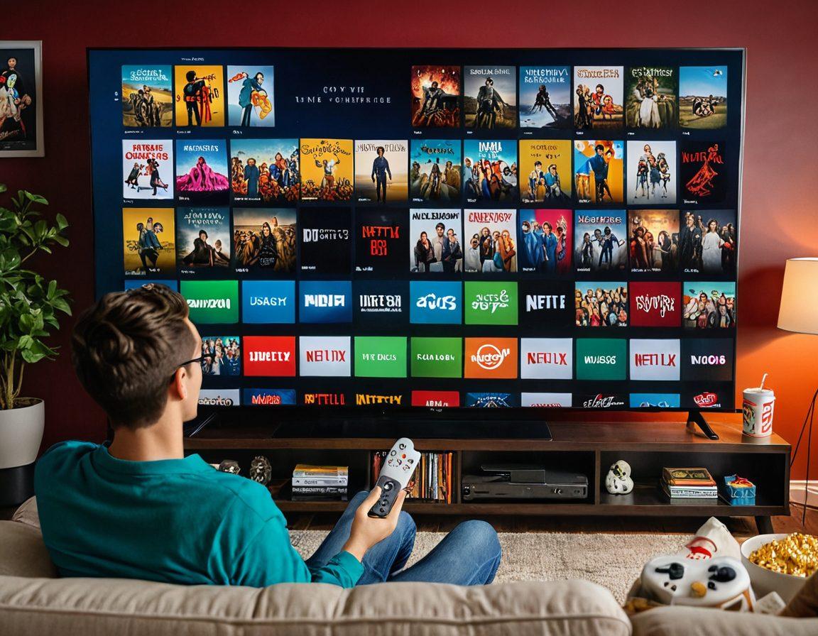 A cozy living room with a large TV displaying various streaming platform logos such as Netflix, Amazon Prime, Hulu, and Disney+, surrounded by popcorn, drinks, and film reels. A person on the couch holding a remote with an excited expression, ready to explore reality films. Super-realistic. Vibrant colors. Cozy atmosphere.